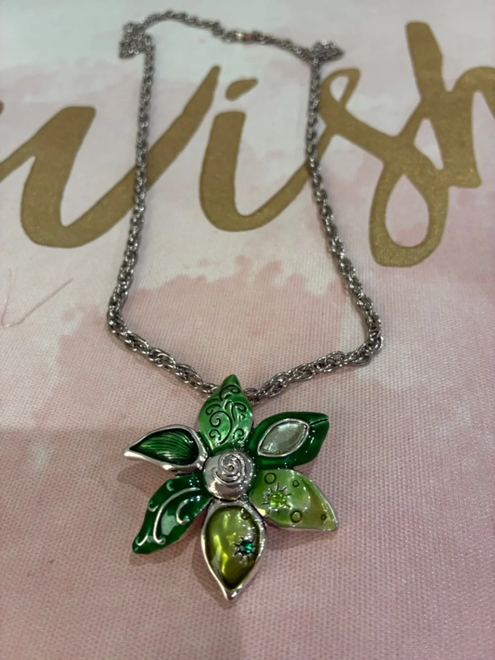 Silver Green Flower Pendant Necklace - Women Jewelry